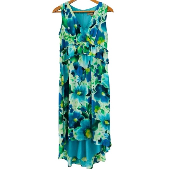 Melonie T Midi Hi Low Hem Sleeveless Dress with Watercolor Floral Print size 8 - Picture 1 of 9